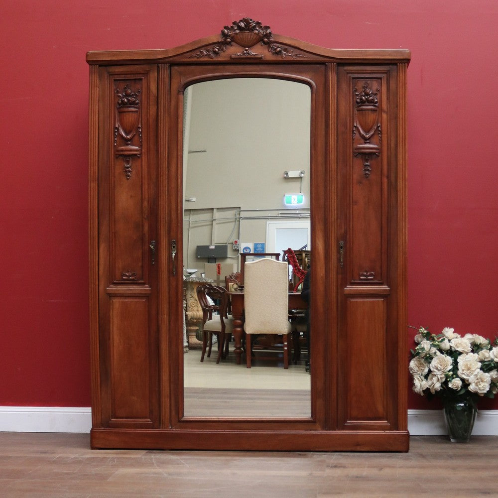 x SOLD Antique French Walnut and Mirror Armoire Wardrobe with Carved Floral detail. B11535