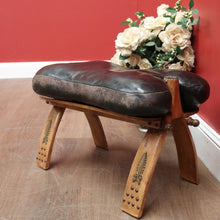 Load image into Gallery viewer, x SOLD Vintage Genuine Cowhide Camel Saddle Seat or Stool, Gilt Brass Mounts, Ottoman or Footstool
