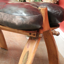 Load image into Gallery viewer, x SOLD Vintage Genuine Cowhide Camel Saddle Seat or Stool, Gilt Brass Mounts, Ottoman or Footstool
