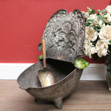 Load image into Gallery viewer, Antique French Cast Iron Coal Bucket with a Green Enamel Lid and a Brass Coal Shovel. B11652
