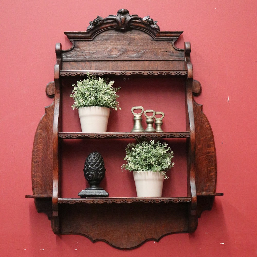 x SOLD Antique French Oak Wall Hanging Bookcase Trinket Display Shelf with Carved Roses. B11947