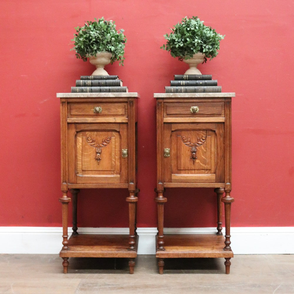 x SOLD Antique French Bedside Cabinets or Lamp Tables. Marble Tops, Tier to Base. B12051