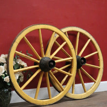 Load image into Gallery viewer, A Pair of Antique French Wagon or Cart Wheels, Steel and Timber and a Weathered Charm. B11899
