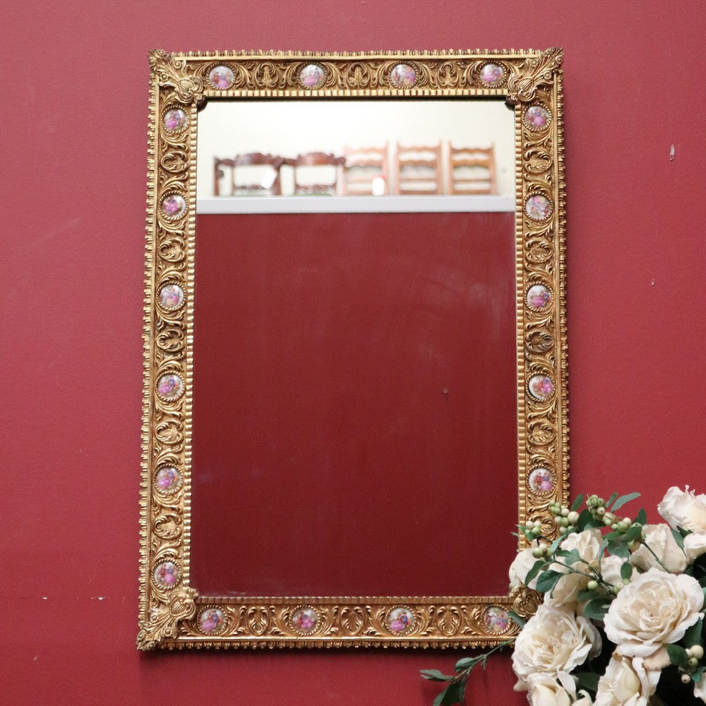 x SOLD Antique French Brass Mirror with Hand-painted Limoges Porcelain Inserts. B11863