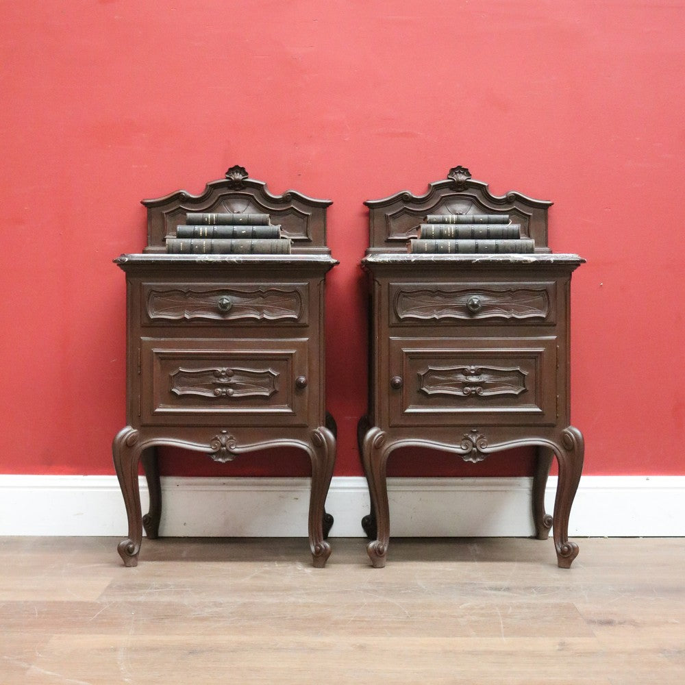 Pair of Antique Oak and Black Marble French Bedside Cabinets or Side, Lamp Tables. B11965