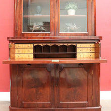 Load image into Gallery viewer, Antique English Mahogany Secretaire Bookcase Writing Bureau with Gilt Leather Desk. B11988
