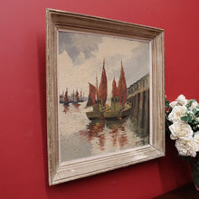 Load image into Gallery viewer, x SOLD Vintage Antique Dutch Painting, Framed Oil on Board, Fishing Boats Ships Docking. B11413
