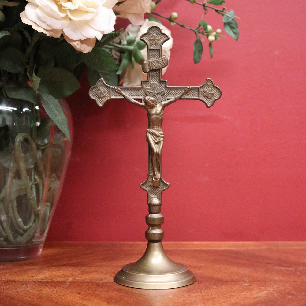 x SOLD Antique Crucifix, French Brass Free-standing Corpus on the Cross, Home Devotion. B11594