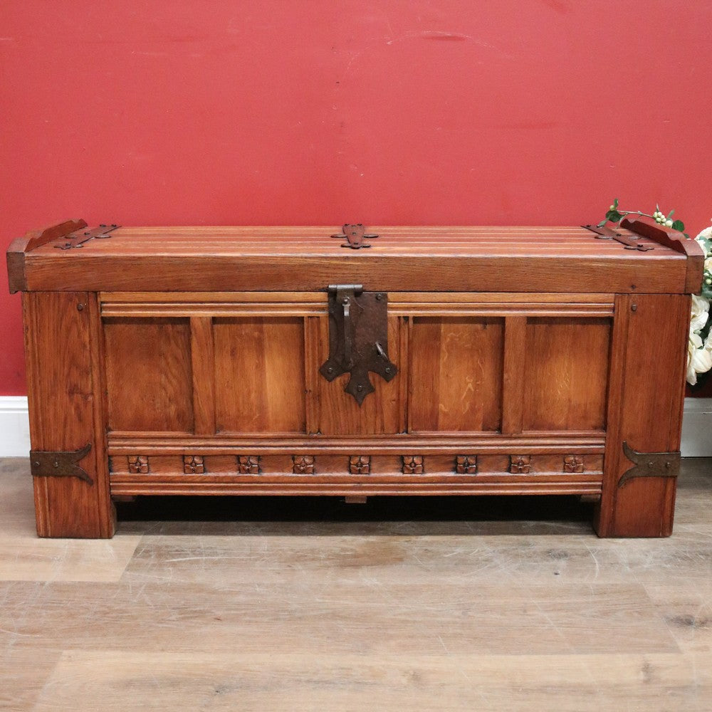 x SOLD Antique French Oak Trunk, Coffee Table, Toy Chest, Hand-forged banding, Lock and Key. B11430