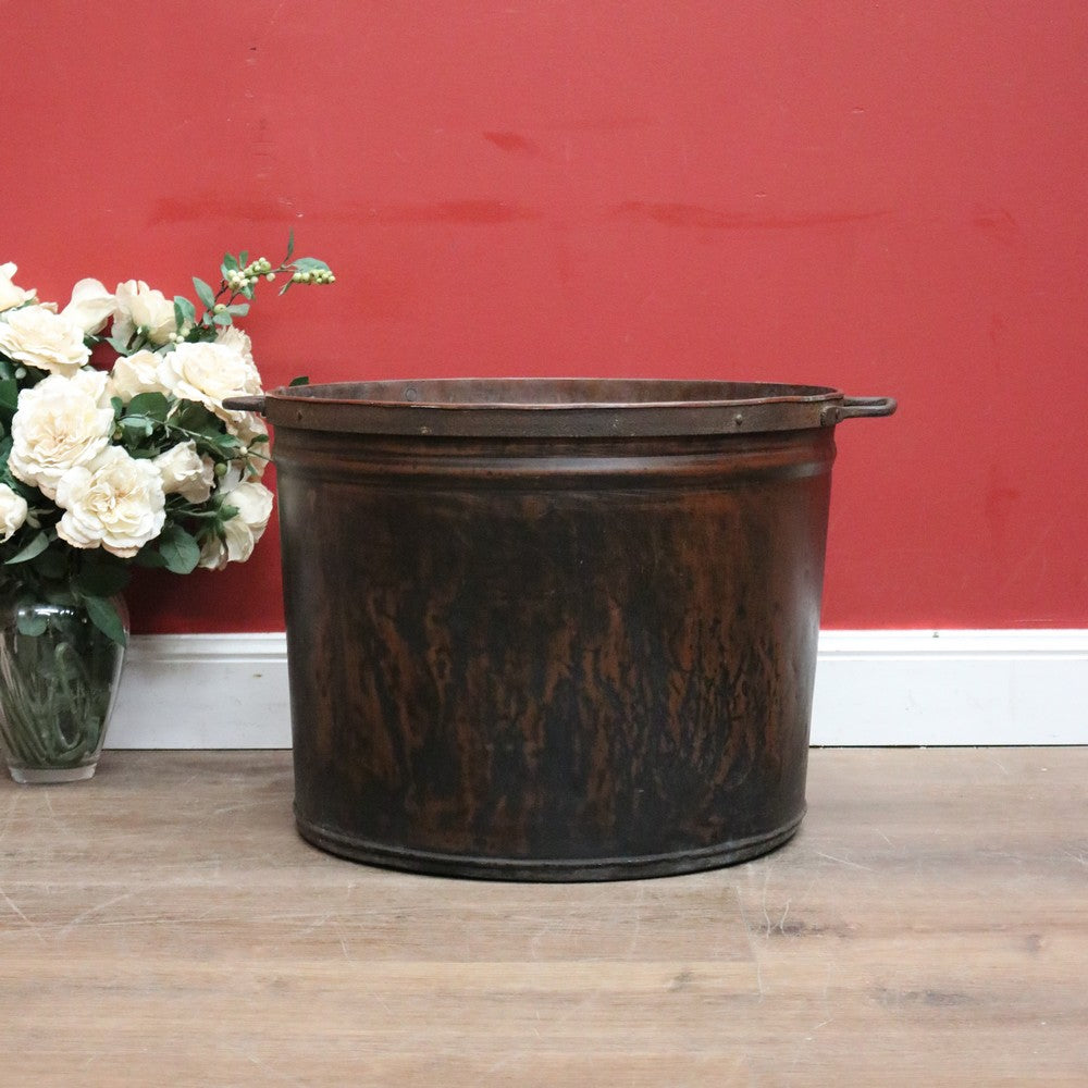 x SOLD Antique French Copper and Forged Iron Drum, Firewood Bucket, Fire Log Bin Handle B11353