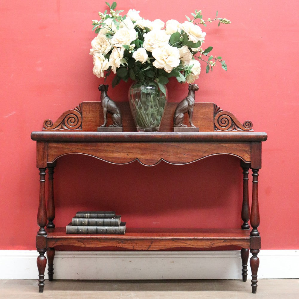 x SOLD Colonial Australian Cedar Console Table, Tier to the base, with a Thomas Hope scroll backboard. B11977