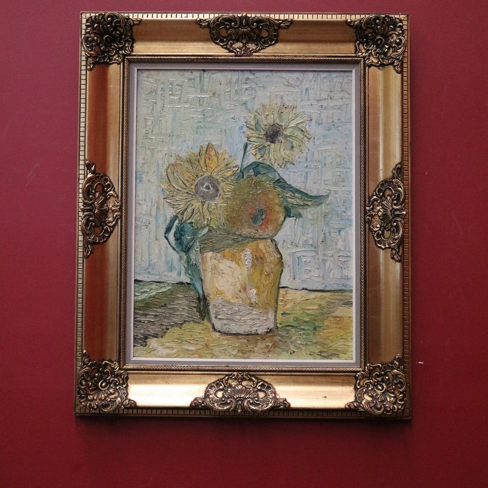 Framed Oil on Canvas, Sunflowers in a Vase, in the Style of Van Gogh, Gold Frame. B11685