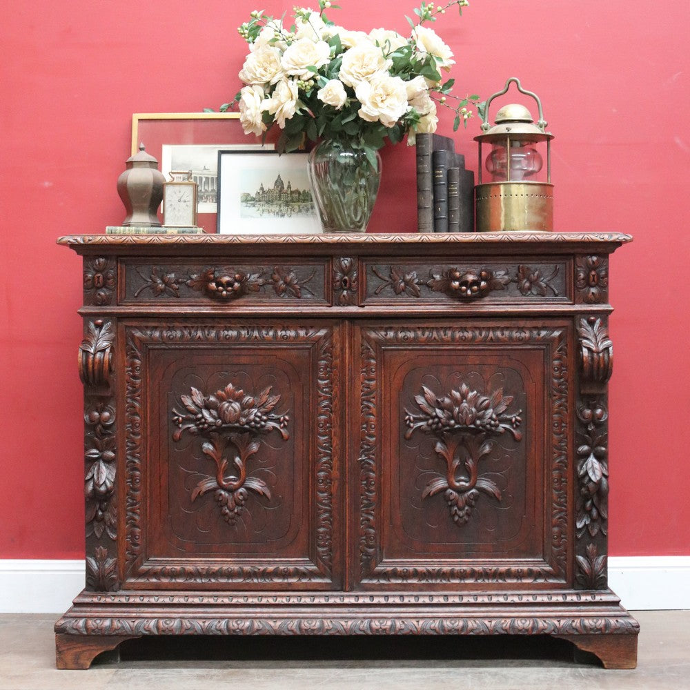 Antique French Oak Sideboard with Carved Drawers and Floral Cupboard Doors. B12655