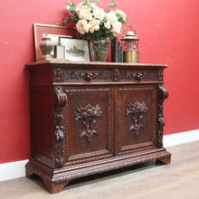 Load image into Gallery viewer, Antique French Oak Sideboard with Carved Drawers and Floral Cupboard Doors. B12655
