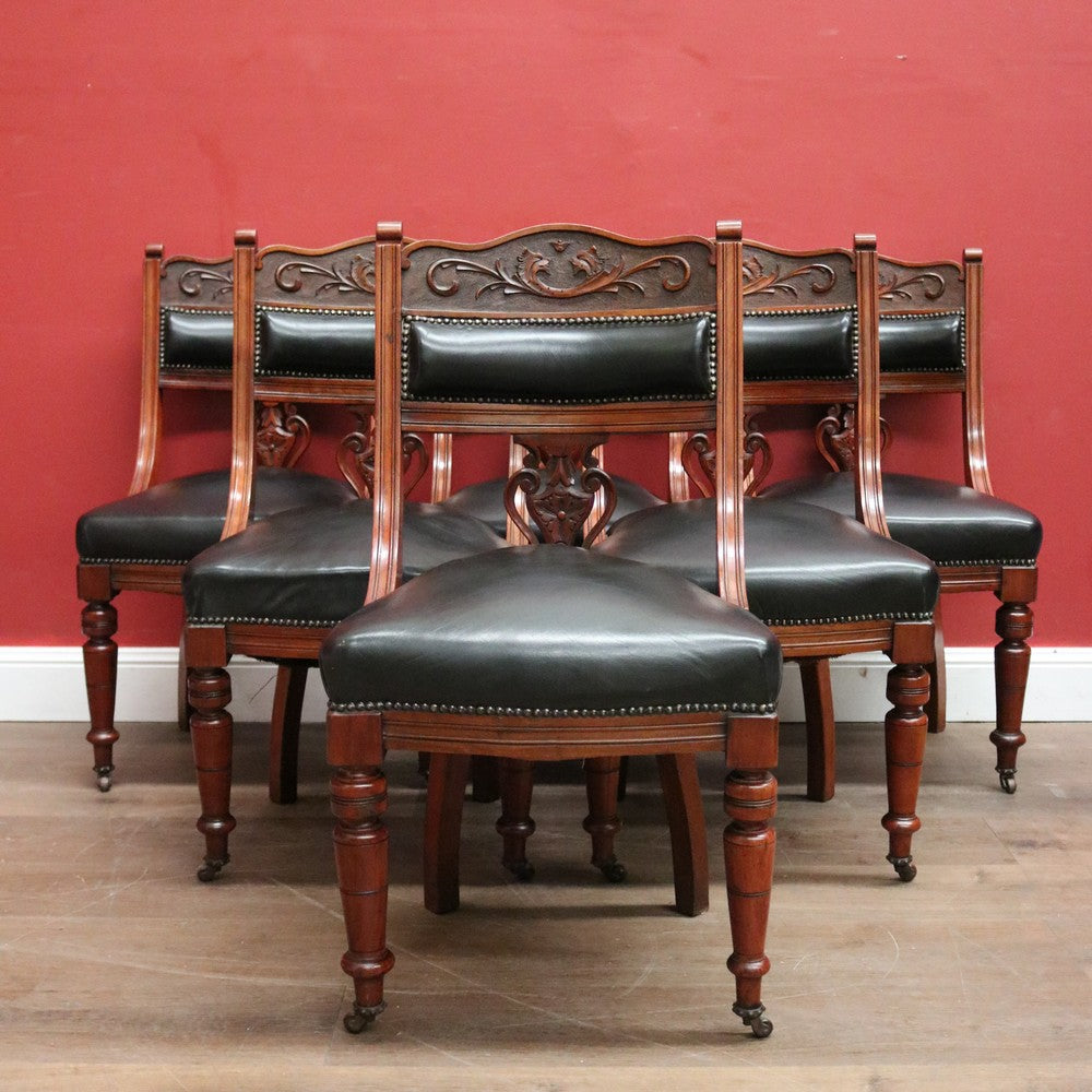 x SOLD A Set of Six and English Walnut and Black Leather Dining or Kitchen Chairs. B12344