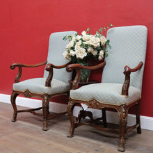 Load image into Gallery viewer, Pair of Antique French Carved Walnut Armchairs with Duck Egg Blue Upholstery. B13058
