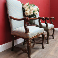 Load image into Gallery viewer, Pair of Antique French Carved Walnut Armchairs with Duck Egg Blue Upholstery. B13058
