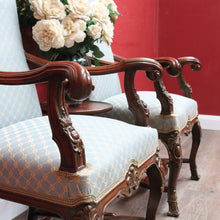 Load image into Gallery viewer, Pair of Antique French Carved Walnut Armchairs with Duck Egg Blue Upholstery. B13058
