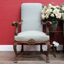 Load image into Gallery viewer, Pair of Antique French Carved Walnut Armchairs with Duck Egg Blue Upholstery. B13058

