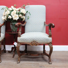 Load image into Gallery viewer, Pair of Antique French Carved Walnut Armchairs with Duck Egg Blue Upholstery. B13058
