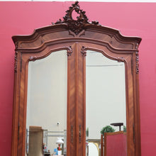 Load image into Gallery viewer, Grand French Walnut Armoire with Bevelled Mirror Doors and Carved Detail. B12664
