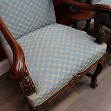 Load image into Gallery viewer, Pair of Antique French Carved Walnut Armchairs with Duck Egg Blue Upholstery. B13058
