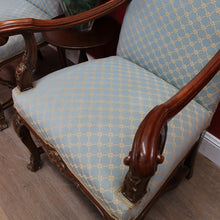 Load image into Gallery viewer, Pair of Antique French Carved Walnut Armchairs with Duck Egg Blue Upholstery. B13058
