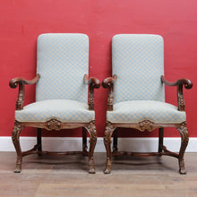 Load image into Gallery viewer, Pair of Antique French Carved Walnut Armchairs with Duck Egg Blue Upholstery. B13058
