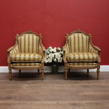 Load image into Gallery viewer, x SOLD A pair of French Armchairs, Muted Gold Stripe Fabric, Soft Feather Cushions. B12341
