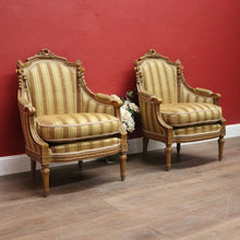 Load image into Gallery viewer, x SOLD A pair of French Armchairs, Muted Gold Stripe Fabric, Soft Feather Cushions. B12341
