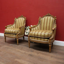 Load image into Gallery viewer, x SOLD A pair of French Armchairs, Muted Gold Stripe Fabric, Soft Feather Cushions. B12341
