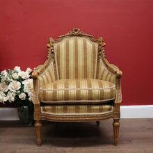 Load image into Gallery viewer, x SOLD A pair of French Armchairs, Muted Gold Stripe Fabric, Soft Feather Cushions. B12341
