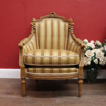Load image into Gallery viewer, x SOLD A pair of French Armchairs, Muted Gold Stripe Fabric, Soft Feather Cushions. B12341
