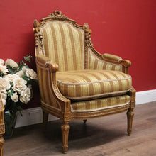 Load image into Gallery viewer, x SOLD A pair of French Armchairs, Muted Gold Stripe Fabric, Soft Feather Cushions. B12341
