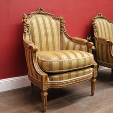 Load image into Gallery viewer, x SOLD A pair of French Armchairs, Muted Gold Stripe Fabric, Soft Feather Cushions. B12341
