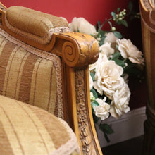 Load image into Gallery viewer, x SOLD A pair of French Armchairs, Muted Gold Stripe Fabric, Soft Feather Cushions. B12341
