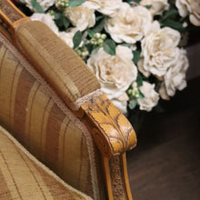 Load image into Gallery viewer, x SOLD A pair of French Armchairs, Muted Gold Stripe Fabric, Soft Feather Cushions. B12341
