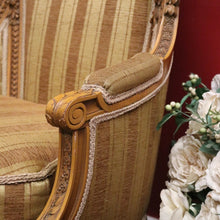 Load image into Gallery viewer, x SOLD A pair of French Armchairs, Muted Gold Stripe Fabric, Soft Feather Cushions. B12341
