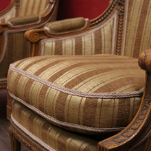 Load image into Gallery viewer, x SOLD A pair of French Armchairs, Muted Gold Stripe Fabric, Soft Feather Cushions. B12341
