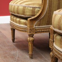 Load image into Gallery viewer, x SOLD A pair of French Armchairs, Muted Gold Stripe Fabric, Soft Feather Cushions. B12341

