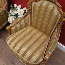 Load image into Gallery viewer, x SOLD A pair of French Armchairs, Muted Gold Stripe Fabric, Soft Feather Cushions. B12341
