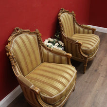 Load image into Gallery viewer, x SOLD A pair of French Armchairs, Muted Gold Stripe Fabric, Soft Feather Cushions. B12341
