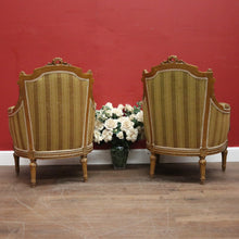 Load image into Gallery viewer, x SOLD A pair of French Armchairs, Muted Gold Stripe Fabric, Soft Feather Cushions. B12341
