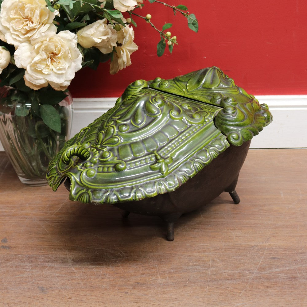 Antique French Cast Iron Coal Scuttle with Green Enamel Lid, Art Nouveau Era. B12665
