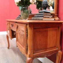 Load image into Gallery viewer, Vintage French Oak Three Panel Dressing Mirror with Carved Shell Detail. B12759
