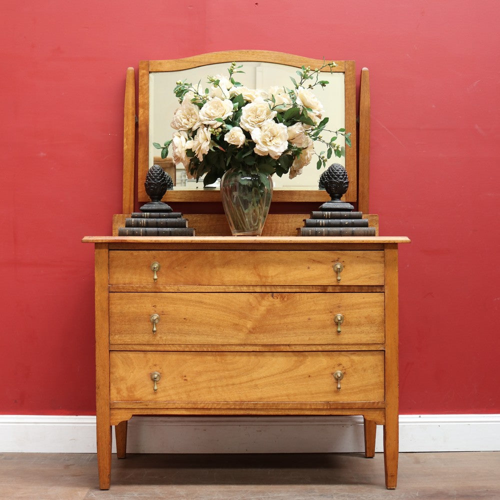 Australian Maple Dressing Table with Mirror and Three Drawers, Brass Handles. B12654