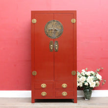 Load image into Gallery viewer, Vintage Chinese Style Red Lacquer Wedding Cabinet with Brass Medallion. B13075
