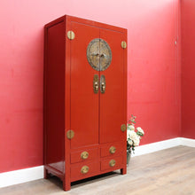 Load image into Gallery viewer, Vintage Chinese Style Red Lacquer Wedding Cabinet with Brass Medallion. B13075
