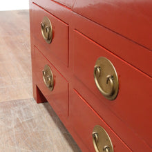 Load image into Gallery viewer, Vintage Chinese Style Red Lacquer Wedding Cabinet with Brass Medallion. B13075
