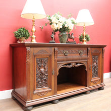 Load image into Gallery viewer, English Oak Sideboard with Carved Greenman Detail and Art Nouveau Handles. B12660
